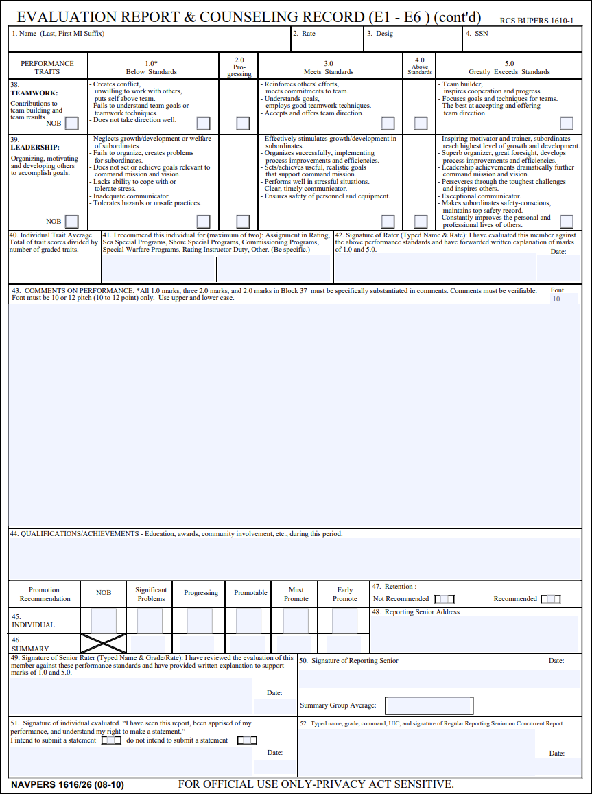 NAVPERS 1616/26 Evaluation Report & Counseling Record